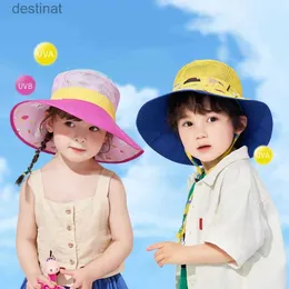 Wide Brim Hats Bucket Hats Kocotree Both Sides Bucket Hat For Children Girls Boys Wide Brim Summer Sun Hat Cotton Funny Printing For KidsL231221