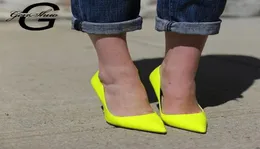 GENSHUO Брендовая обувь Женская обувь на каблуке 10 12 СМ Туфли-лодочки на шпильке Неоново-желтый сексуальный вечерние туфли на высоком каблуке Большой размер 10 11 12 CJ1912176723595