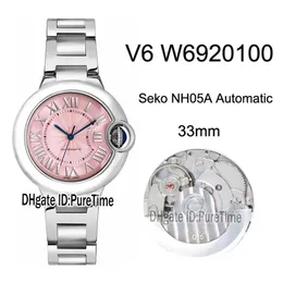 V6F W6920100 Seko NH05A Automatische Damen Womens Watch Stahlhülle Pink Mop Zifferblatt Schwarze Roman Marker Stahlarmband Edition 33M2934