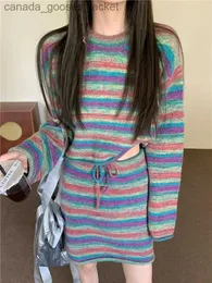 Tvådelt klänning Deeptown Korean Style Sticked Two Piece Dress Women Y2K Egirl Randiga långa sle -klänningar Set Harajuku Söt vintervestidos L231221