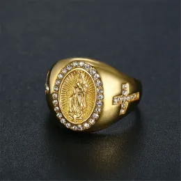 Religiöse goldene Farbe Jungfrau Maria Ringe für Damen Herren 14 Karat Gelbgold Iced Out CZ Ring Hip Hop christlicher Schmuck