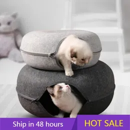 Donut Cat Bed Tunnel Natural Felt Kitten Cave Nest House Half Stängd Interactive Game Toy Cama Gato Nordica Katten Manden 231221