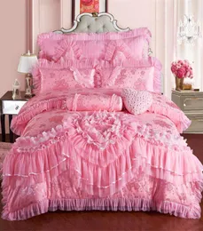 Conjunto de roupas de cama de luxo de renda de renda rosa Conjunto de cama rei queen size algodão de algodão de algodão Conjunto de edredão de edreca travesseiro T2003263174950