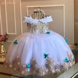 Luxo Princess Aplique Flower Girl Dresses para Wedding Tulle Pearls Ball Kids Concurso Vestido Festa Primeira Comunhão Desgaste 231221