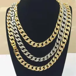 Ketten Rapper Hip Hop Iced Out Gepflasterte Strass 15mm Miami Curb Cuban Link Kette Gold Splitter Halsketten Für Männer frauen Schmuck Set C213W