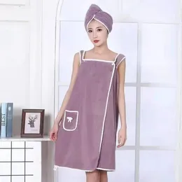 Coral Fleece Bath Dress Wearable Towel Hair Drying Cap Quick-Dry Cute Bow Pocket Suspenders Soft Wrap Chest for Women Girls 231221