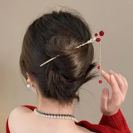 Hair Clips Chinese Stick Red Rose Floral Hairpin Tiaras For Women Tassel Metal Classic Girls Bun Jewelry Girl Retro Bijoux