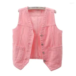 Women's Vests Pink Denim Vest Women Slim Short Waistcoat Summer Korean Fashion Cowboy Sleeveless Jacket Big Pocket V Neck Jeans Female