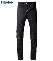 Whole Sokotoo Men039s Black Piete Bike Biker Jeans Patchwork Casual Patchwork Sling Stretch Pants Stretch Zipper Long Trousers7103000