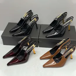Designer Lee Embelezado Bombas de Slingback de Patente Gold Sapatos de sapatos de Strap Party Shoe Shoe com caixa 502