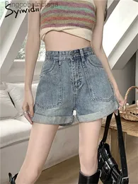 여자 반바지 syiwidii ​​cuffs denim 반바지 여성 2024 Spring Summer Summer New Fashion Wide Leg High Waisted Shorts 빈티지 캐주얼 블루 A 라인 shortsl2312222