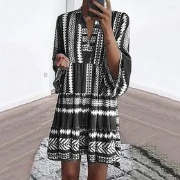 Casual Dresses Bar Code Pattern Printed Stripe V-Neck Cotton Flounced Edge Loose Waist Four-color Plus Size A-line Bohemian Style Thin