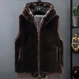 2023 Nya ärmlösa jackor Mäns huva värme Vinter Konstgjord pälsväst Män Plush Flanell Coat Fluffy Wool Coat Autumn 231222