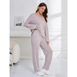 Damen Nachtwäsche Solid Women Pyjama Sets Langarmes gegen Nackenobertisch FL Länge Hosen weibliche 2 -teilige Nachtwäsche im Frühling im Frühjahr Homwear Dr. Dhsau