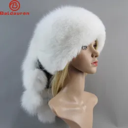 Luxury Women's Russian Ushanka Trapper Real Fox Fur Bomber Hat Fut Fur Hats Dome Mongolian Hat Natural Saccoon Fur Caps 231221