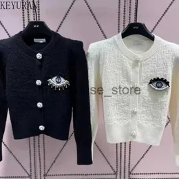Kvinnors tröjor Peals Beading Sticked Cyped Cardigan Jacket Women's New Autumn Winter O-Neck Black White Long Sleeve Tops TREEATER MUJER JUMPER J231222