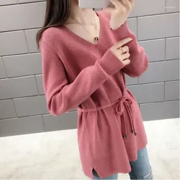 Kadın Sweaters Lady V-Gutt Solid Drawstring Sonbahar ve Kış Moda Gevşek Bandaj Pullover Uzun Kollu Örgü Üstler Giyim