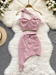 Zweiteiliger Kleid Denim Pink sexy Frauen Sets Reißverschluss Schärpe Knopf Tasche unregelmäßig trägerlosem Rücken -Top -Denim -Rock zweiteilige Set