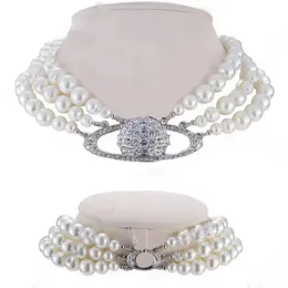 Luxury Fashionable Pearl necklace Advanced retro Three layer pearl Shiny Saturn bead pendant2168