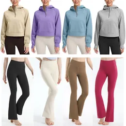 Tozluk Flare Yarım Zip Polar Tasarımcı Hoodies Sweatshirt Cepleri ile Başparmak Deliği Kadın Yoga Teşhal 2023 Yoga Pantolonlar Lu Hizalama Taytlar Kadın Şort Pantolon