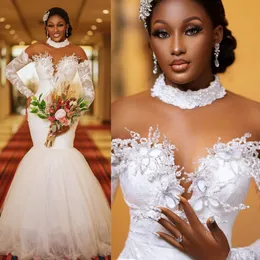 Suknie ślubne ASO EBI Wysokie szyja Elegancka długie rękawy Iluzja Tiul Tiul Koronki Kryształowe Kryształy Bridal Sukienka dla afrykańskiej Black Women Bridal Suknie CDW165