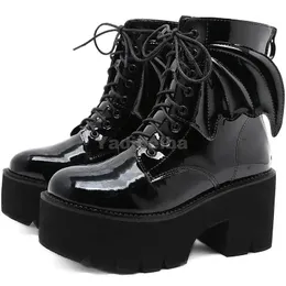 Stövlar Ny mode Angel Wing Ankle Boots High Heels Patent Leather Shoes Platform Women Boots Punk Gothic Sexy Model Lotita Shoes 2021