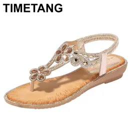 Saltos timetang 2020 sandálias Mulheres Roma primavera verão Sapatos de senhoras praia Bohemia Bling Flor Crystal Flip