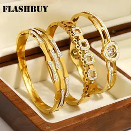 Flashbuy inlaid Crystal Zircon Heart Bamboo Rostfritt stål Bangles Armband för kvinnor Charm Gold Color Accessories Gift 231221