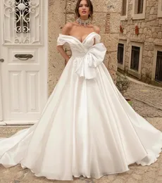 Gorgeous A-Line Wedding Dress Women 2024 Off the Shoulder Open Back Pleats Big Bow Satin Bridal Bride Gowns Vestido De Novia Robe De Mariage