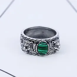 S925 Silver Tiger Head Ring Retro Sterling Silver Inclaid Malachite Double Tiger Head Ring Men and Women Trend Hip Hop Turquoise RI256X