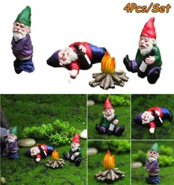 4pcs Fairy Garden Drunk Gnomes Miniature Ornaments Set Mini Dwarf Bonfire Statues for Planter Flowerpot Decor Accessories 2109084098573