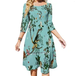 Casual Dresses Monkey World Aqua Square Neck Dress Plus Size Elegant Women Waist Tight Jungle Nature Tree Plant Floral