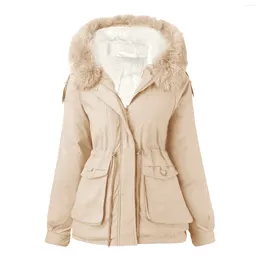 Women's Trench Coats Solid Color Plush Thickened Jacket Outdoor Large Size Hooded Outerwear Warm Windproof Cotton Soft Preppy Style