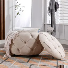 Elegant beige rund förvaring fotpall med knapp tuftad design - perfekt för vardagsrum eller sovrum - stort och elegant hemmöbler stycke