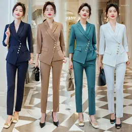 Women's Two Piece Pants Half Sleeve Two-Piece Set Commute Slim-Fit Business Wear White Collar Work Uniforms Beautician Formal El Manager