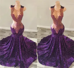 Purple O Neck Long Prom Dress For Black Girls 2024 Beaded Crystal Birthday Party Dresses Sequined Evening Gowns Gown Robe De Bal 322 Es Es