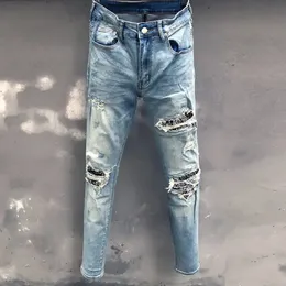 Gatkläder svart trasiga jeans svarta mäns dragkedja hål jeans män lapp jeans motorcykel jeans staplade mäns jeans 231222