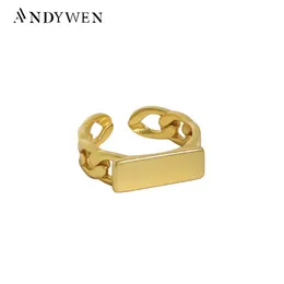 Bröllopsringar Andywen 925 Sterling Silver Gold Resizable Ring Chain Geometric Women Rock Punk Jewelry Round Party Jewelry Present Wedding Plain 231222