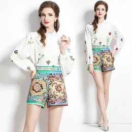 Девушка с двумя частями бутик-бутик-брюки с длинными рукавами наборы 2024 Весенние летние блузенные брюки комплекты напечатанные высококачественные женские тупы