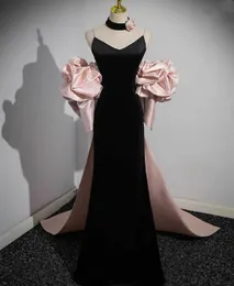 Elegant Long Black Velvet V-Neck Prom Dresses With Bow Mermaid Pink Satin Pleated Sweep Train Party Dress Maxi Formal Evening Dresses for Women