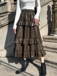 스커트 Tigena 세련된 Tiered Long Faux Leather Skirt for Women 2023 Fall Winter High Street 라인 허리 미디 푸 여성