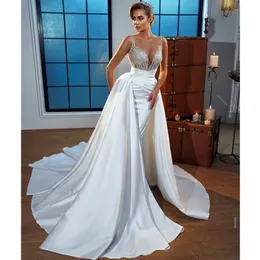 Mermaid Wedding Dress Sleeveless Spaghetti Straps V Neck Satin Appliques Sequins Floor Length Detachable Train Beidal Gowns Custom Made Vestido de novia