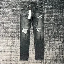 Mäns jeans knä rippade vintage förstör high street byxor sträcker mångsidiga tiggare rökiga grå män