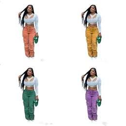 Calça de roupa de trabalho de cor sólida feminino Mulheres casuais calças de bolso de bolso de bolso reto calça de jeans ativos 4 cores