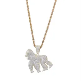 Hip Hop 14K Gold Plated Gorilla Pendant Necklace Iced Out All Zircon Brass Gold Silver Plated Charm Animal Necklace for Men Women228D