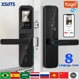 XSDTS Tuya WiFi Digital Electronic Smart Door Lock com câmera biométrica Print Finger Print Smart Card Senha Desbloquear 231221