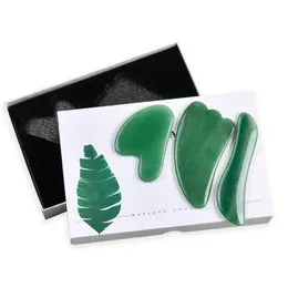 Guasha Massager Kit för ansikte och kroppsskrapning Massage Naturlig grön Aventurine Jade Gua Sha Facial Tool 3PC Set Skin Care Beauty Products