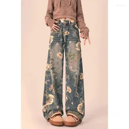 Jeans feminino Vintage Floral Print High Street Street Blue Pants retas de moda coreana Legas largas calças de jeans Baggy Y2K