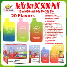 Orijinal Relfx Bar BC5000 Puf Tek Kullanımlık Vape Kalem 650 MAH Bettery 15 ml File Bobin 0%2%3%3%5 Seviye Puflar 5K 20 Tatlar Buhar Kiti