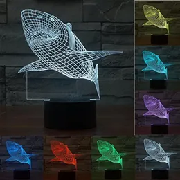 Käkar stor vit haj 3d illusion led nattljus 7 färgglad bordsskrivning lampa för barn326v